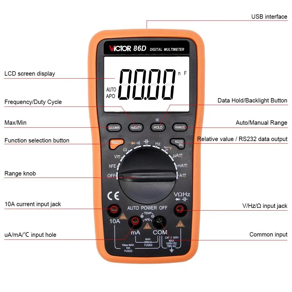 Ruoshui 86E Digital Multimeter 22000 Counts Auto Range AC/DC Temperature Frequency Capacitor USB Tester Connect Transfer