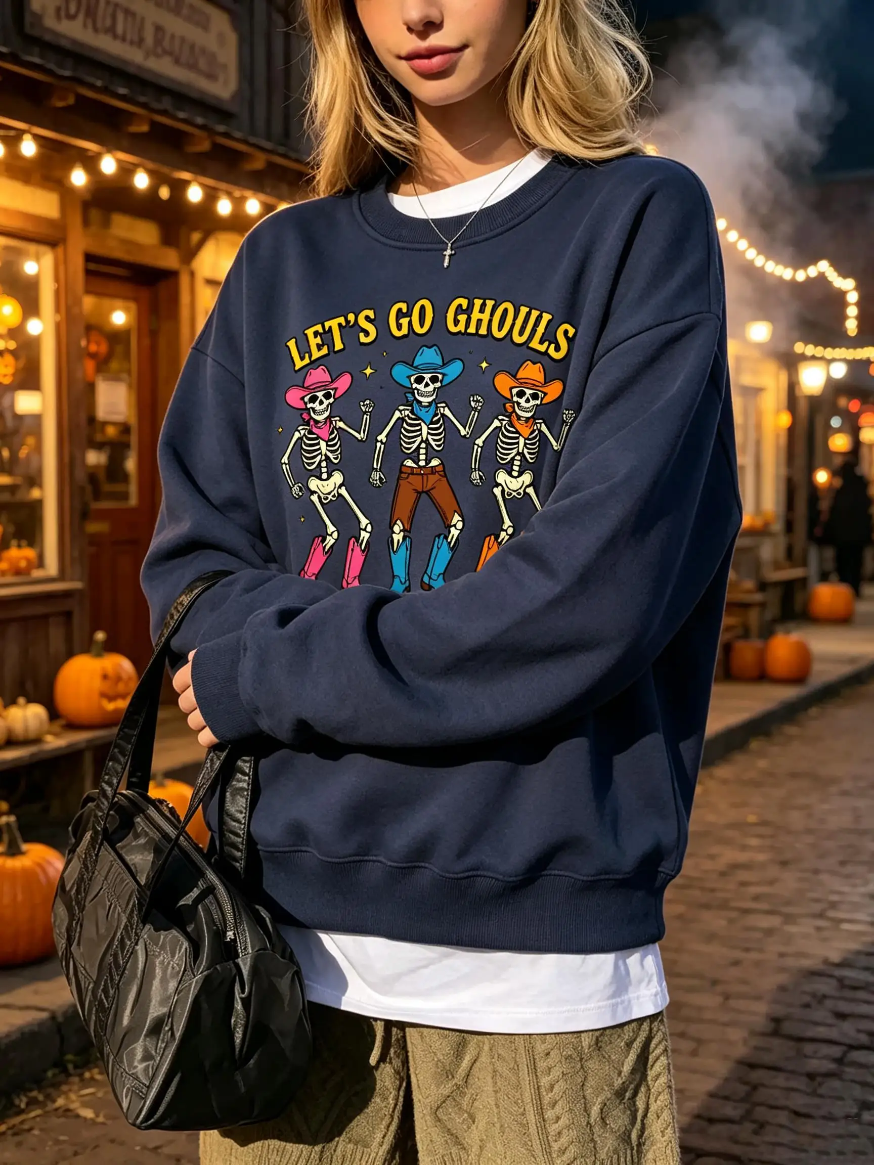 Let'S Go Ghouls Halloween Design Daily Pullovers Woman All-Match O-Neck Top Fashion Fleece Clothing Casual Loose Sweatshirts