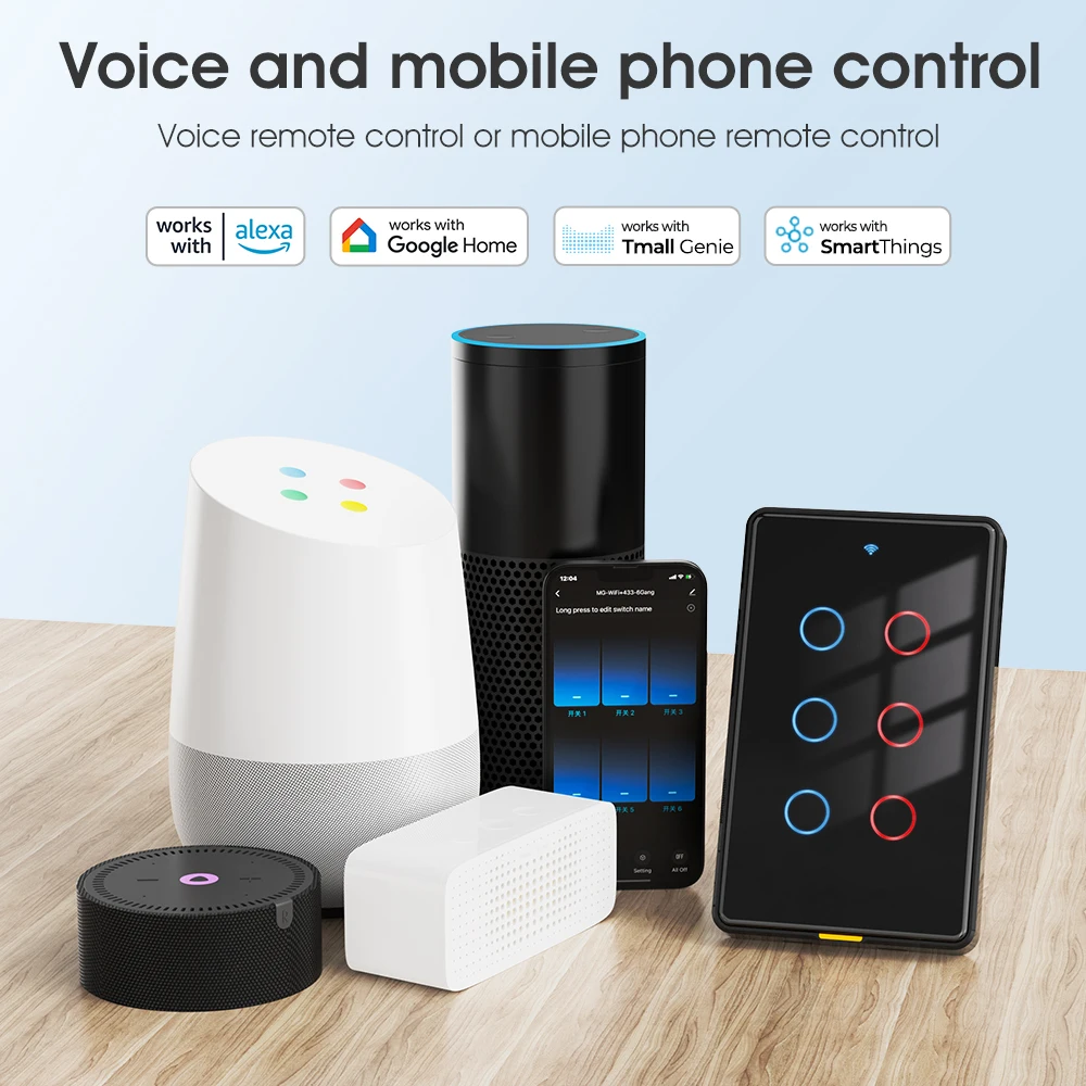 Tuya WiFi+RF433 Lightweight Wall Touch Switch 110-240V Type-C Pre-order 6gang Voice App for Alexa, Google Home