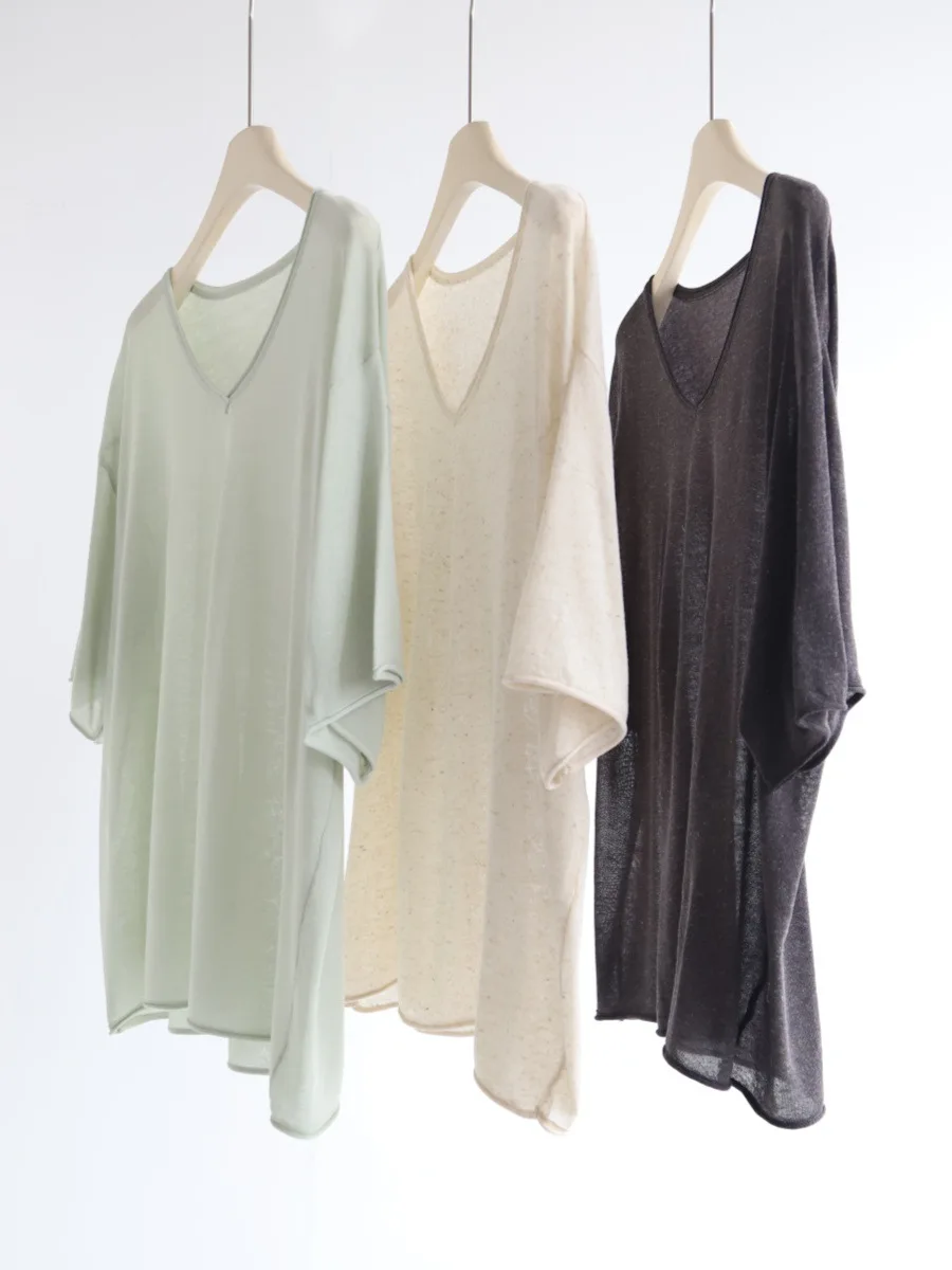 Dave&di Loose Shoulder V-neck Short Sleeved Knitted Shirt For Women In Summer, Linen Rolled Edge Knitted Top, Thin