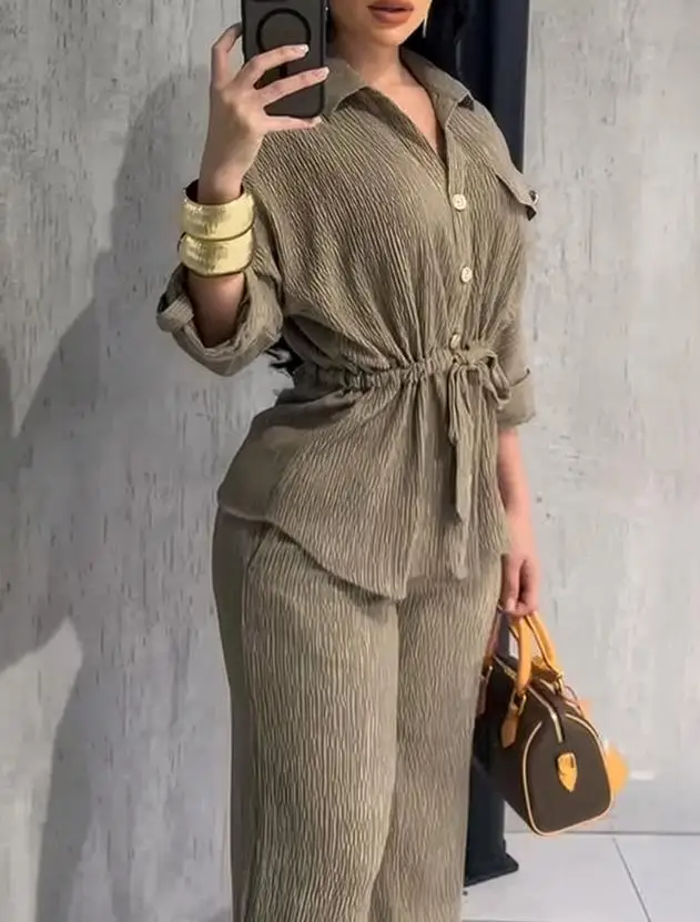 2 Pieces Commuting Set Vintage Roll Up Sleeve Front Flap Pocket Waist Drawstring Top Elastic Waist Wide Leg Pants Set Textured