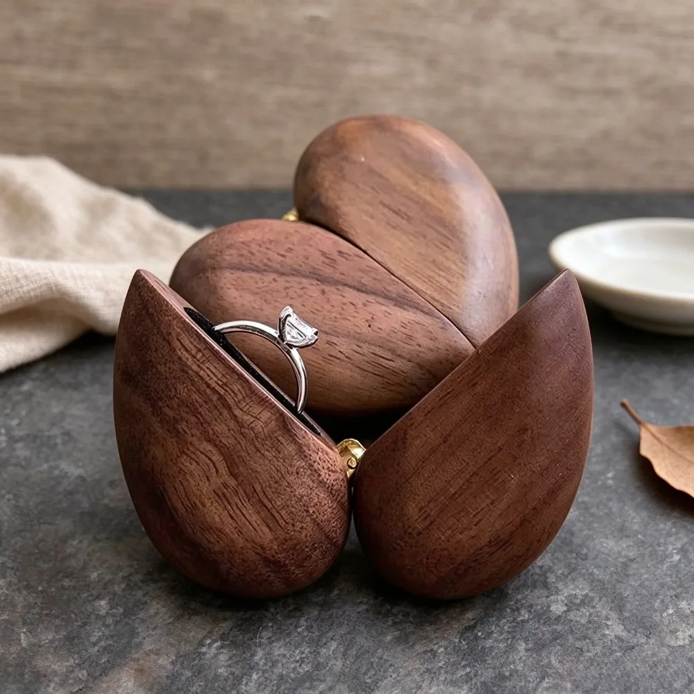 Heart Shaped Wooden Ring Holder Box Romantic Wedding Proposal Jewelry Storage Case Anniversary Keepsake Gift Box