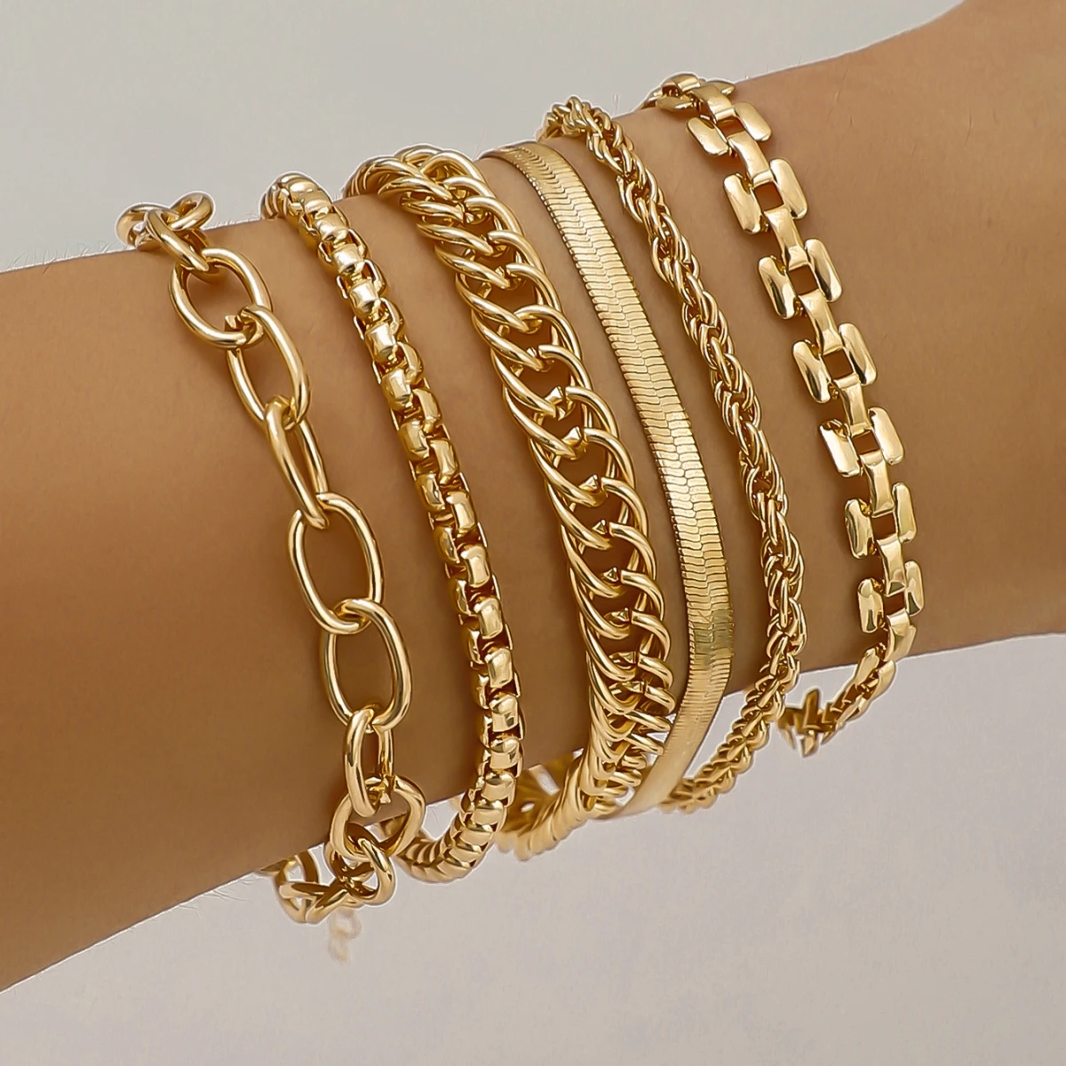 6Pcs Simple Punk Chunky Chain Bracelet Set Metal Link Chain Combo, Ensemble With Rope, Snake,Twisted Designs Bracelet Jewelry