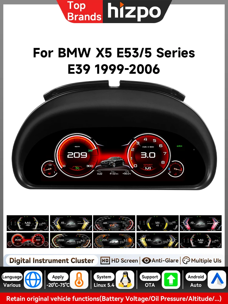 Hizpo 10,25 Zoll Auto-LCD-Armaturenbrett-Instrumentenpanel für BMW X5 E53 / 5er E39 1999-2006 Digitales Cluster-Display, Geschwindigkeitsmesser, Digital Linux, 1920*720 HD-Bildschirm, Anti-Glare,