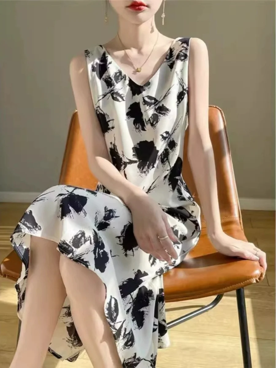 Ele Acetato Cetim Verão Dr V-Ne Midi Comprimento Feminino Emagrecimento Estampado Strapl Base Camada Saia Linha A Sle