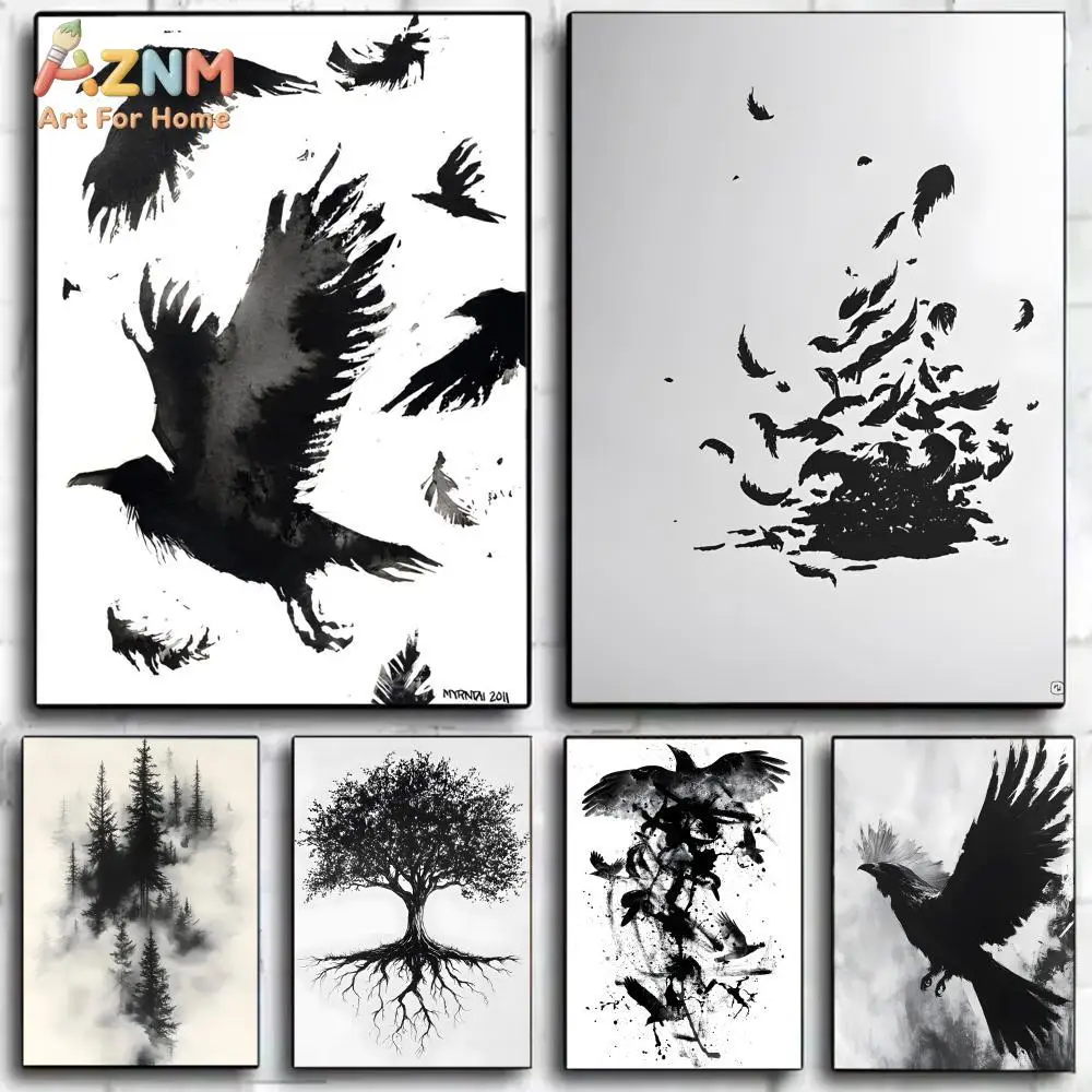 AZNM Black Ink Raven Tree Landscape Canvas Print Minimalist Monochrome Crow Forest Misty Nature Abstract Wall Poster Unframed De