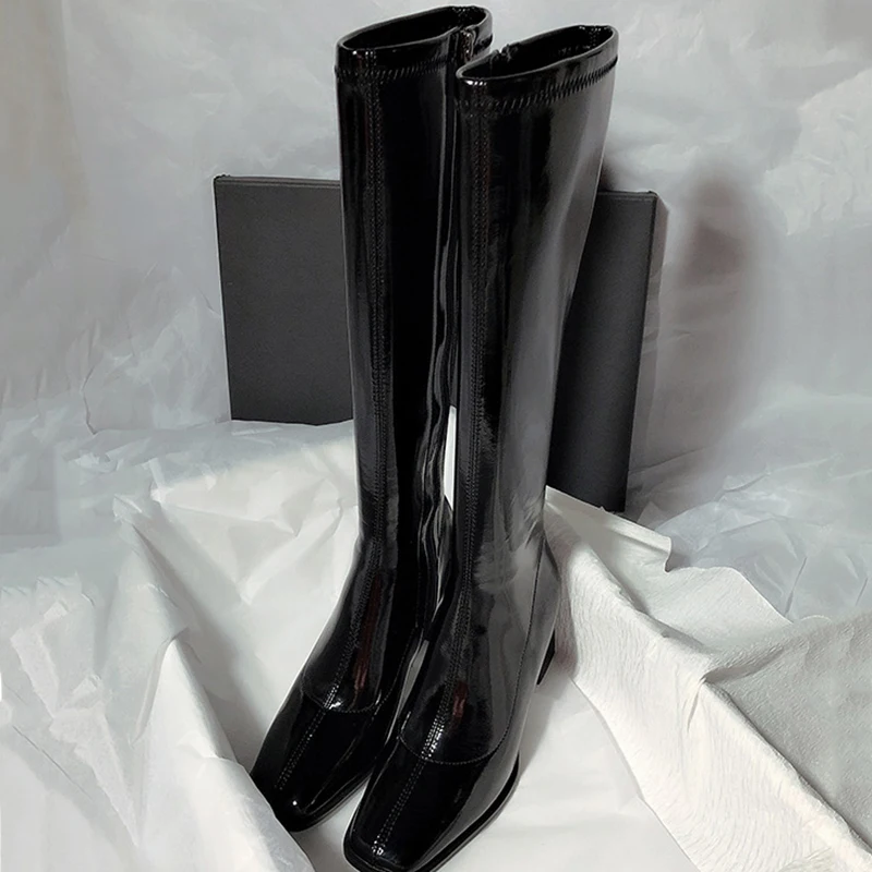 Patent Leather High Heels Long Boots Women 2024 Autumn Square Toe Knee-high Botas Woman Side Zipper Thick Heeled Shoes Female