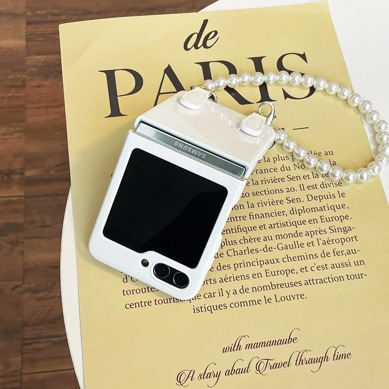 الكورية بسيطة الأبيض قضية الهاتف مع الكتف حزام طويل حبل اللؤلؤ لسامسونج غالاكسي Z فليب 7 6 5 4 3 5G الغطاء الخلفي