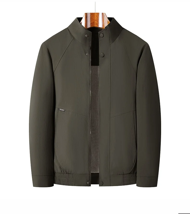 Men Army Green Stand‑Collar Zip‑Up Jacket Ribbed Cuffs Lightweight Business Casual Outerwear For Daily Commuting Spring Autumn