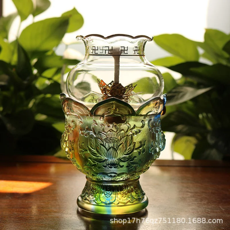 

Traditional Glazed Relief Lotus Oil Offering Windproof Adjustable Light Butter Lamp Holder Home Buddha Fro