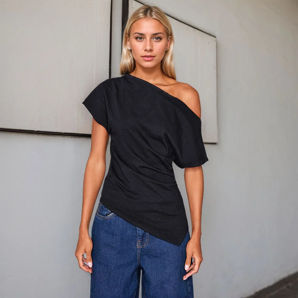 

Women Off Shoulder Slim Fit Sexy T Shirt Spring Summer New Fashion Short Sleeve Top Lady Stylish Bodycon Asymmetric Neckline