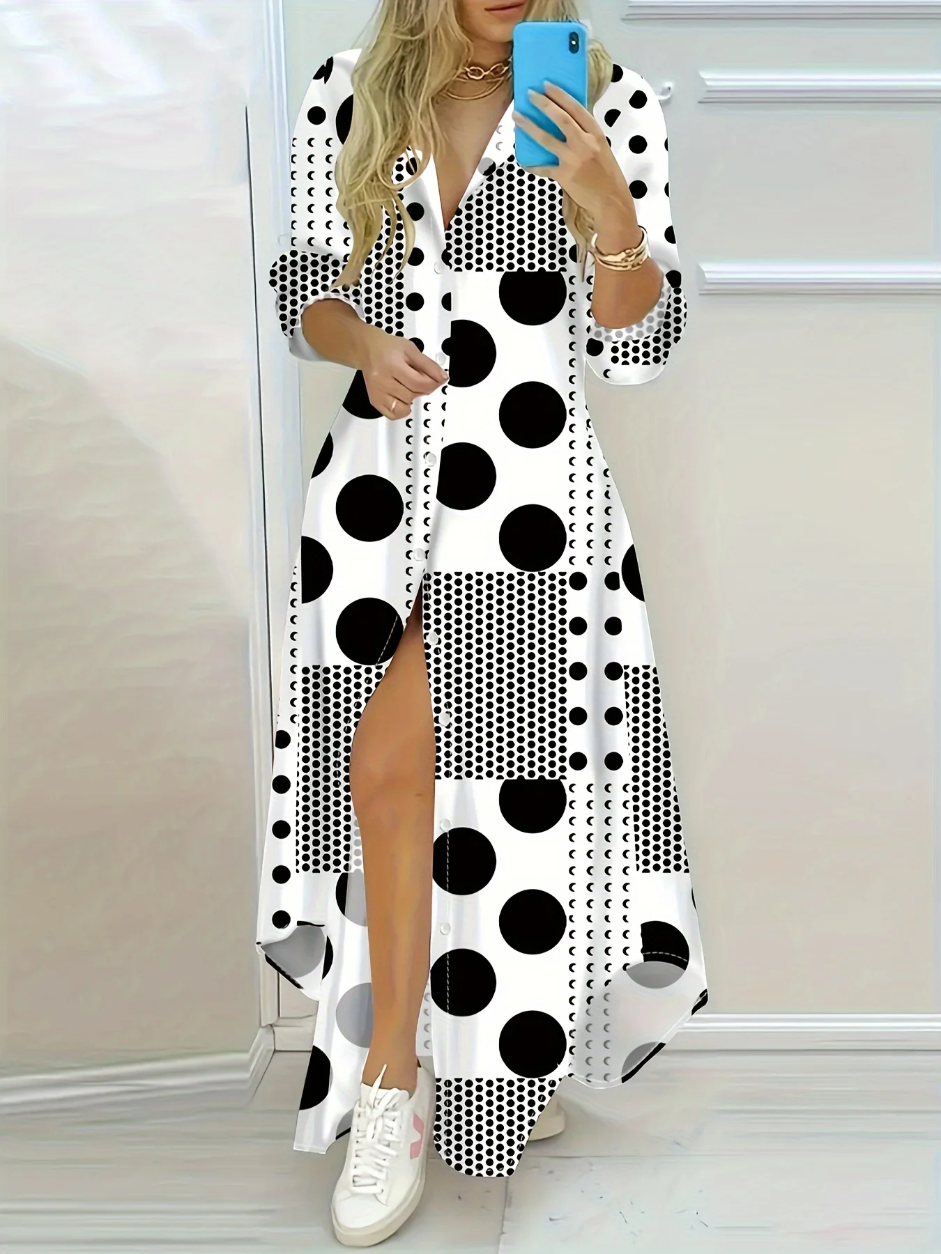 Lässiges Schwarz-Weiß Gepunktetes Langarm-Kleid für Damen Herbst Winter 2024 Trendiges A-Linien Bodycon Midikleid Mode