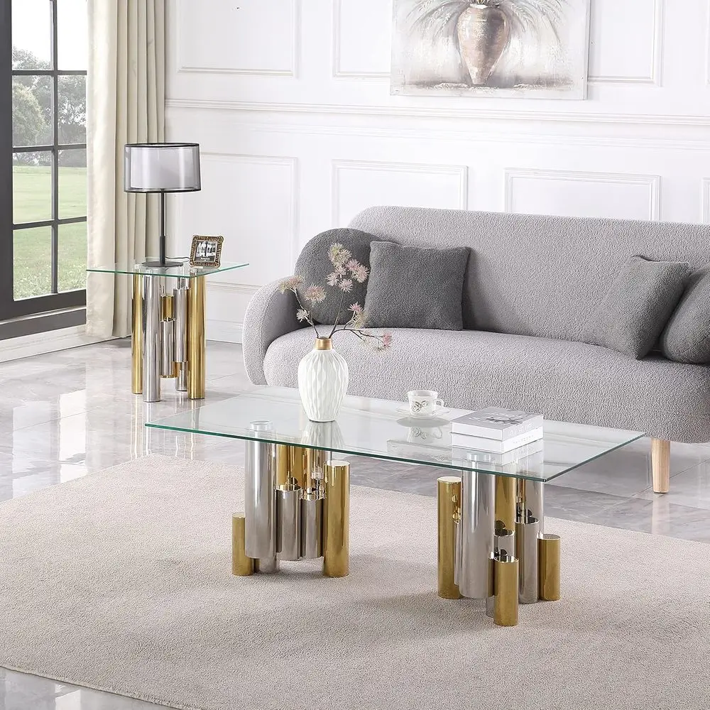 Modern 48 Rectangular Clear Glass Coffee Table with Gold Stainless Steel Frame for Living Room
