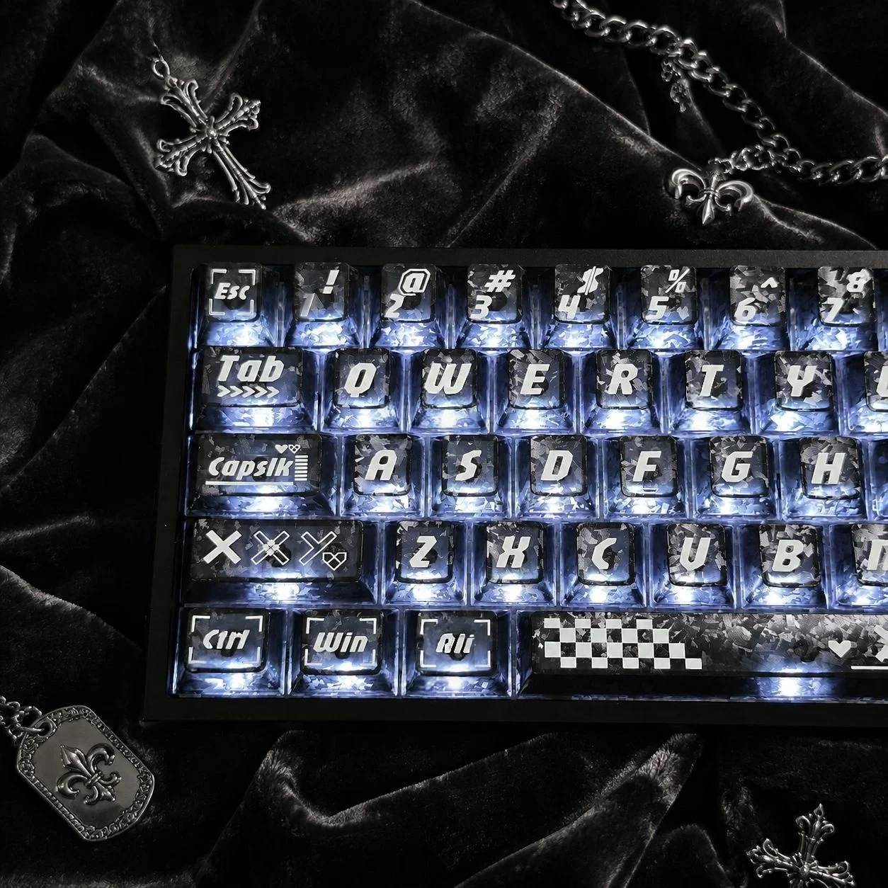 Ergonomic Keyboard Split Mechanical - คีย์แคปพีซีโปร่งแสงลายคาร์บอนไฟเบอร์สีดำ Printstream แบบ Double Shot โปรไฟล์เชอร์รี่