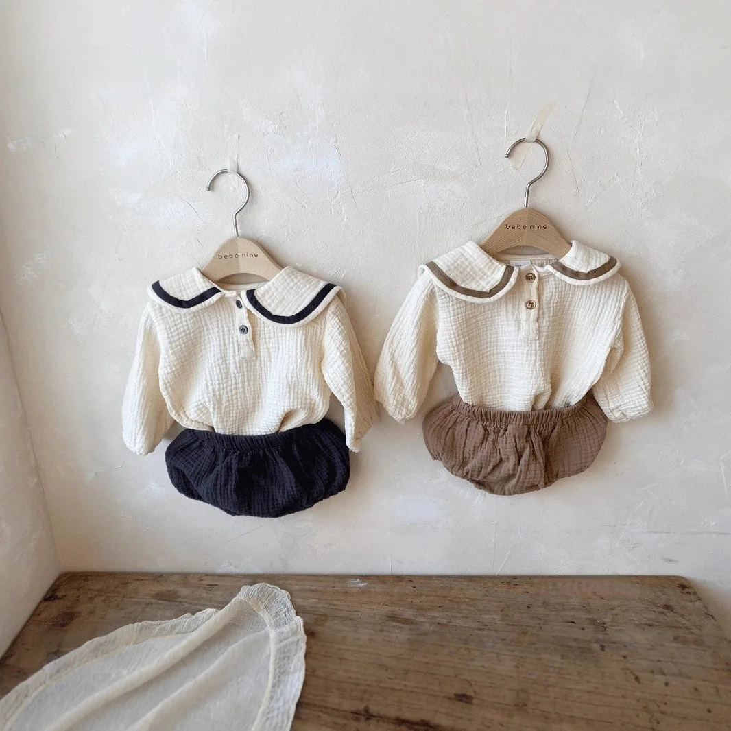 

2026 Spring New Baby Long Sleeve Clothes Set Girls Cute Lapel Tops + Pp Shorts 2pcs Suit Infant Toddler Sailor Collar Outfits