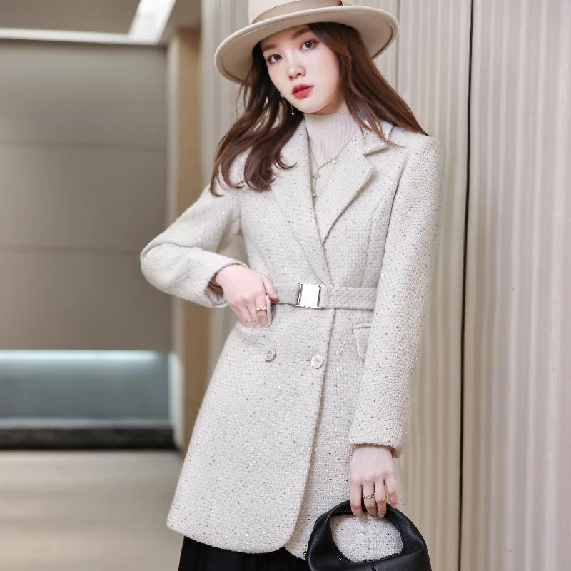 

White Royal Blue Black Woolen Suit Coat Women's Autumn Winter Mid Length Lace Up Heavy Casual Long Sleeve Blazers