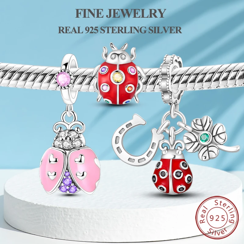 

Новая подвеска из настоящего стерлингового серебра S925, божья коровка, четырехлистный клевер, подкова, подвеска, подходит для оригинального браслета, женские ювелирные изделия своими руками