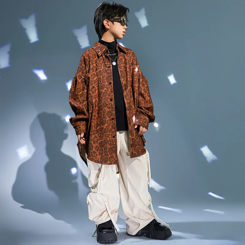 

Kid Hip Hop Clothing Corduroy Leopard Shirt Beige Casual Multi Pockets Wide Cargo Pants for Girl Boy Jazz Dance Costume Clothes