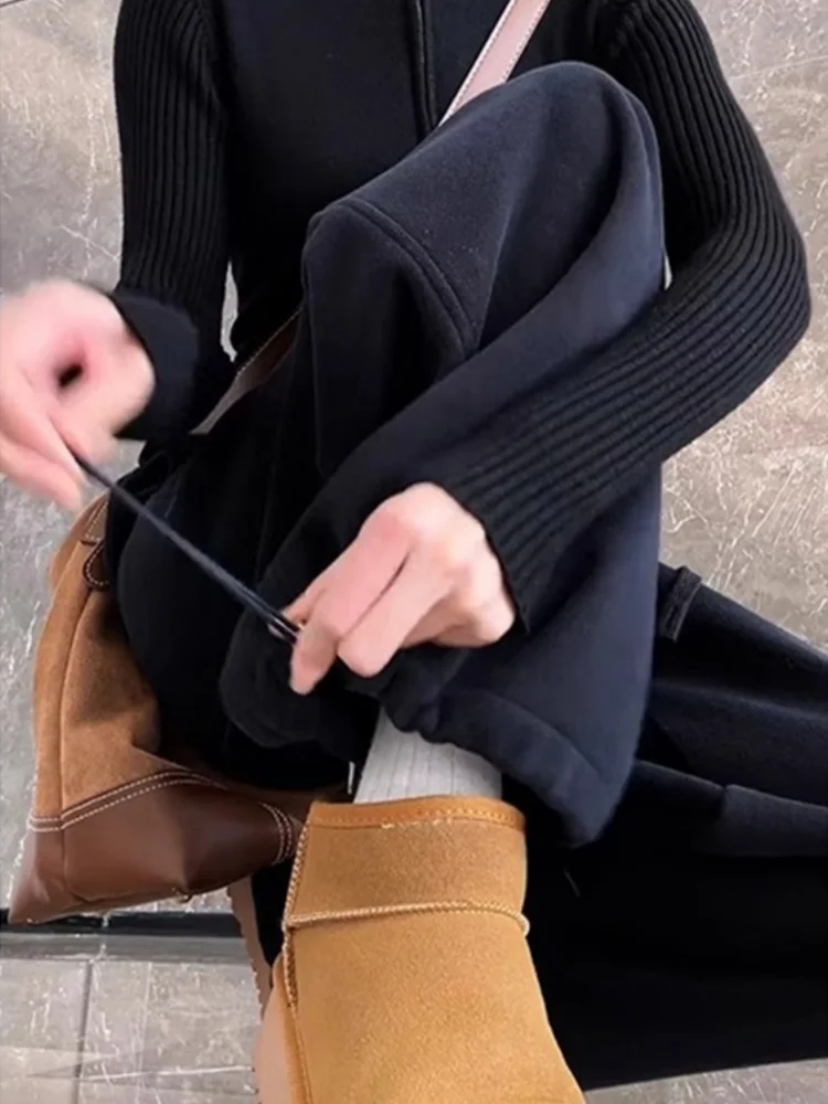 Bla Fce Lined Sports Pants Women's Straight Leg Wide Leg Sweatpants High Waist Trousers Commute Sle Korean Version