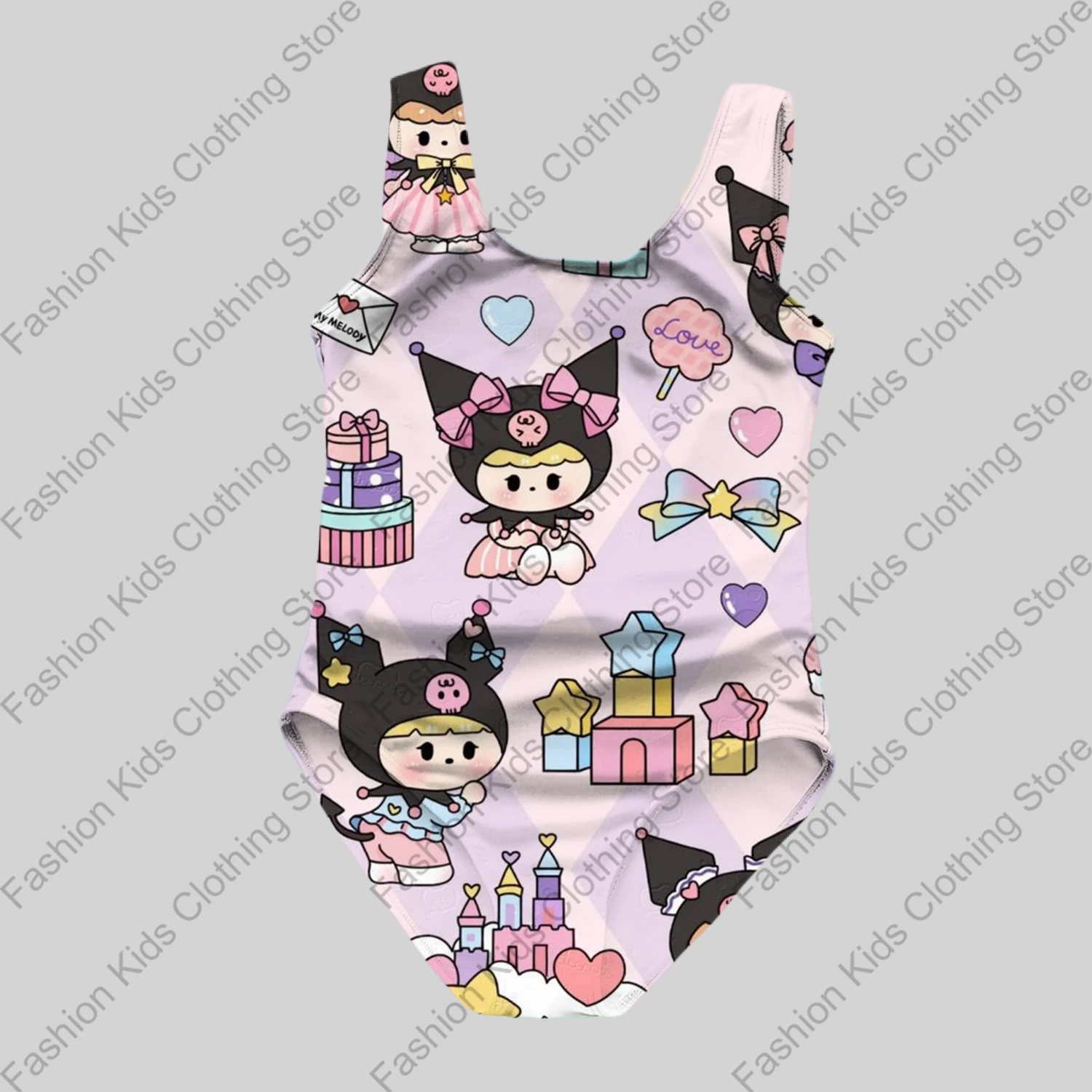 MINISO Girls Summer One-Piece Swimsuit Fashion Cartoon Cute Kuromi 3d Print Women Swimwear Girls Sleeveless Girls Swim Clothing