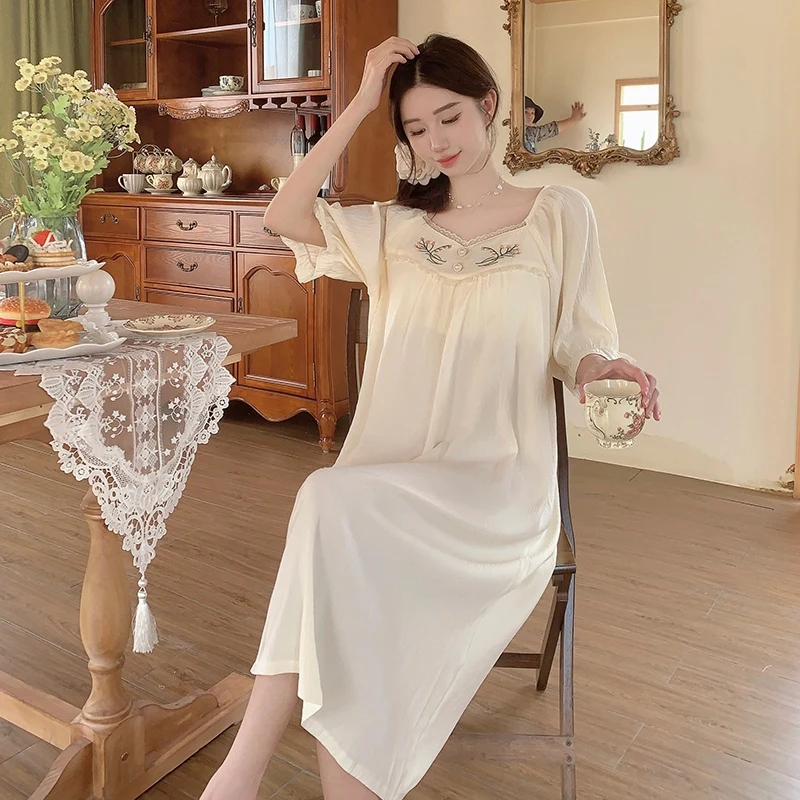 Summer Short Sleeve Cotton Long Dress Nightgowns for Women Korean Cute Lace Sleepwear Student Night Dress Nightdress Home Nighty