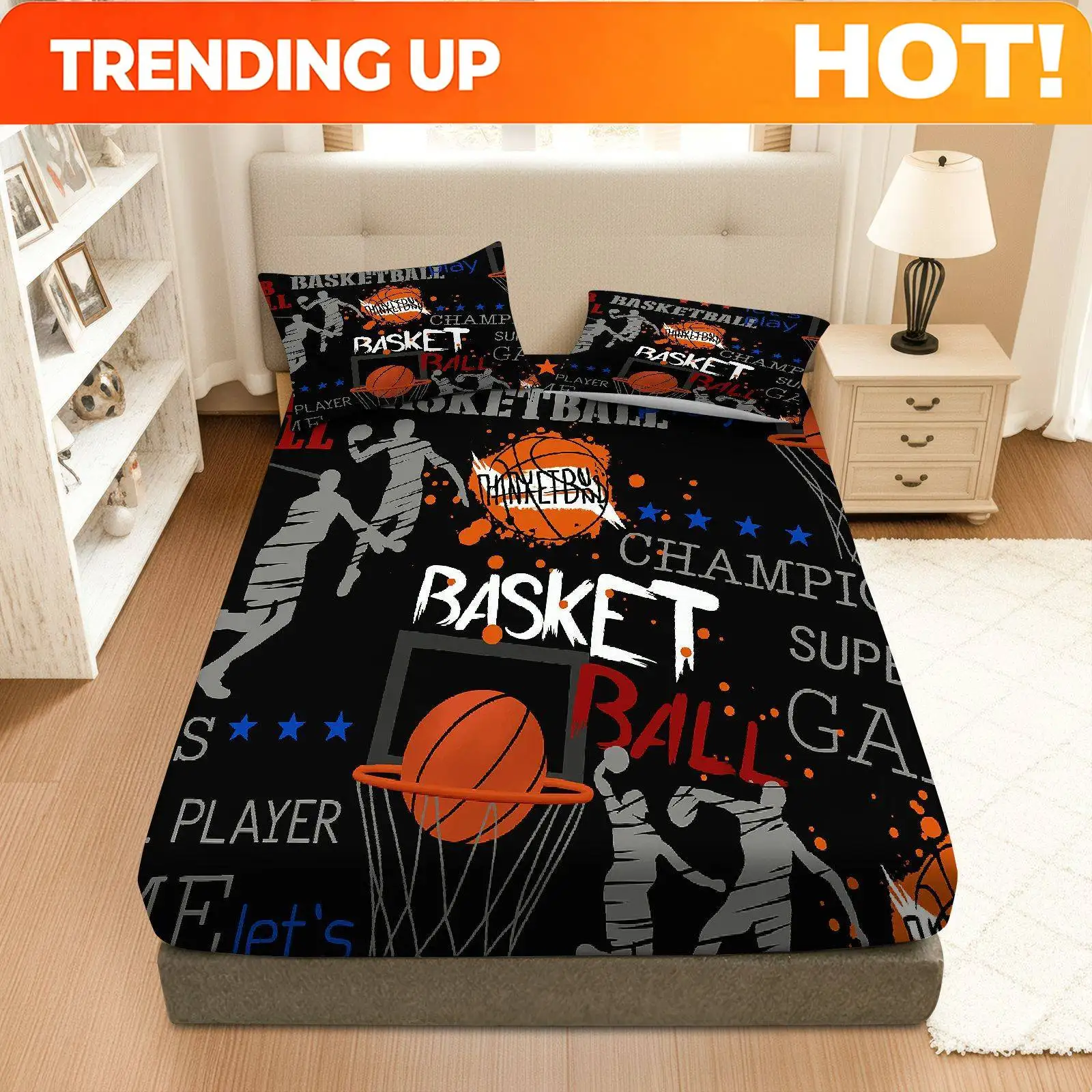 Customize 3pcs Basketball Sport Game Fitted sheet Three Piece Set (1*Fitted Sheet+2*Pillowcases, Coreless), Sport theme, Athlete