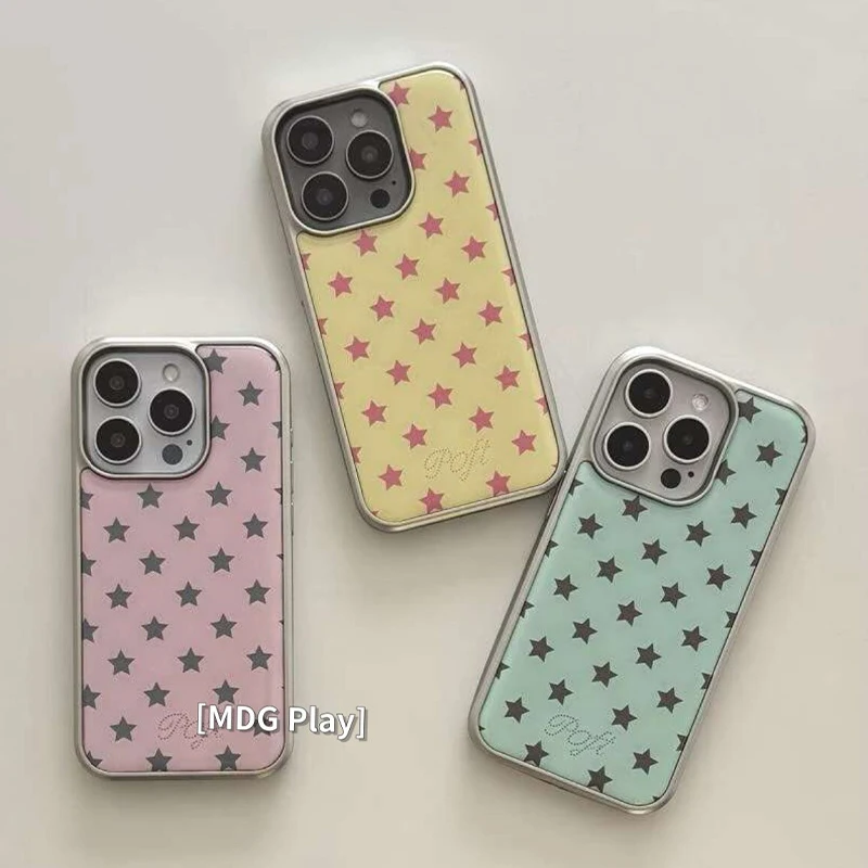 Coque de téléphone coréenne Ins Color Blocking Star Electroplated Drip Glue pour iPhone 18 Pro Max 17 Air 16 15 14 Plus 13 12 11 – Housse arrière