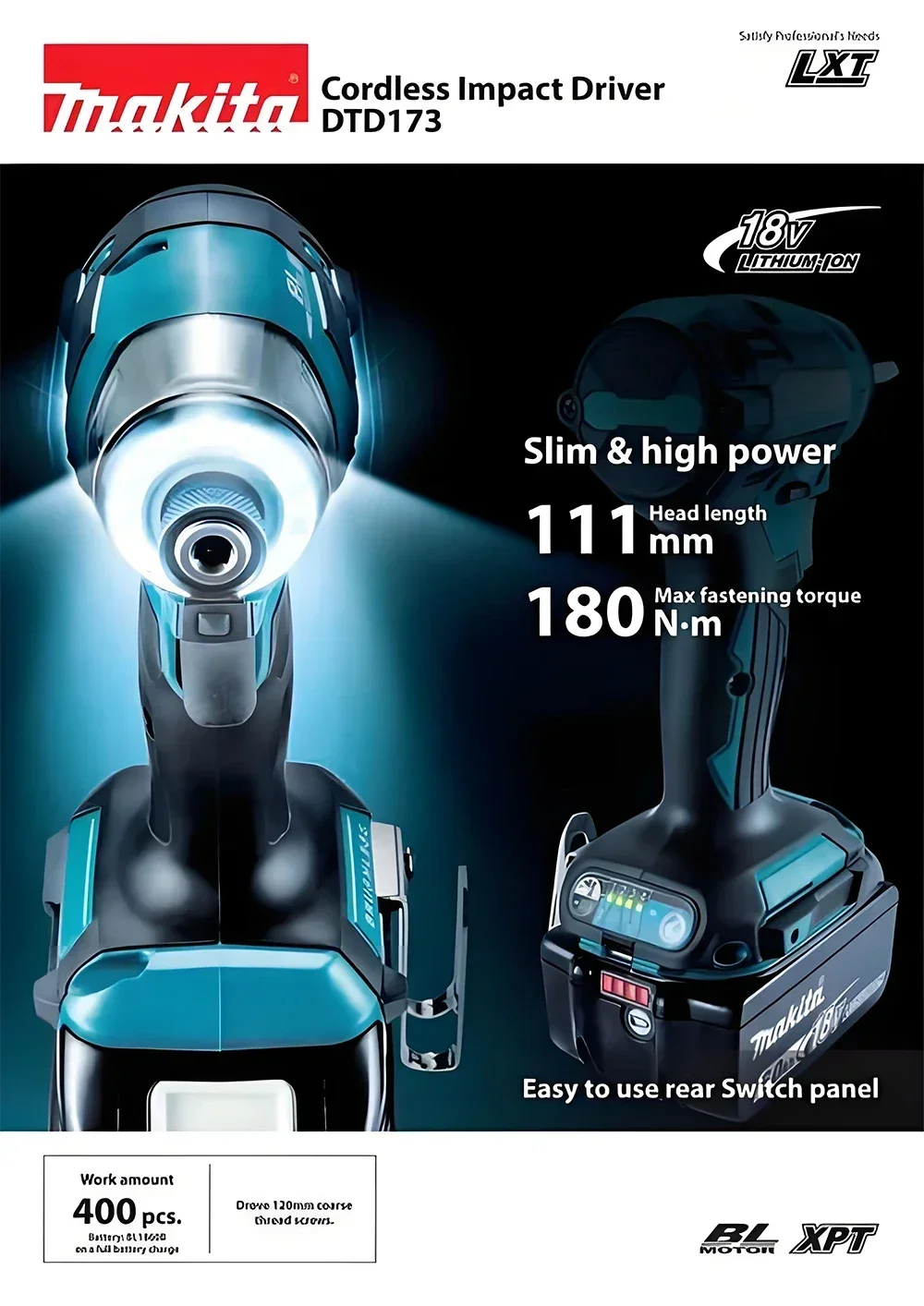 

Makita 18V LXT Cordless Impact Driver DTD173 Brushless Electric Drill Screwdriver Wood/Bolt T1/T2-Mode Twin LED Light 180 N·m