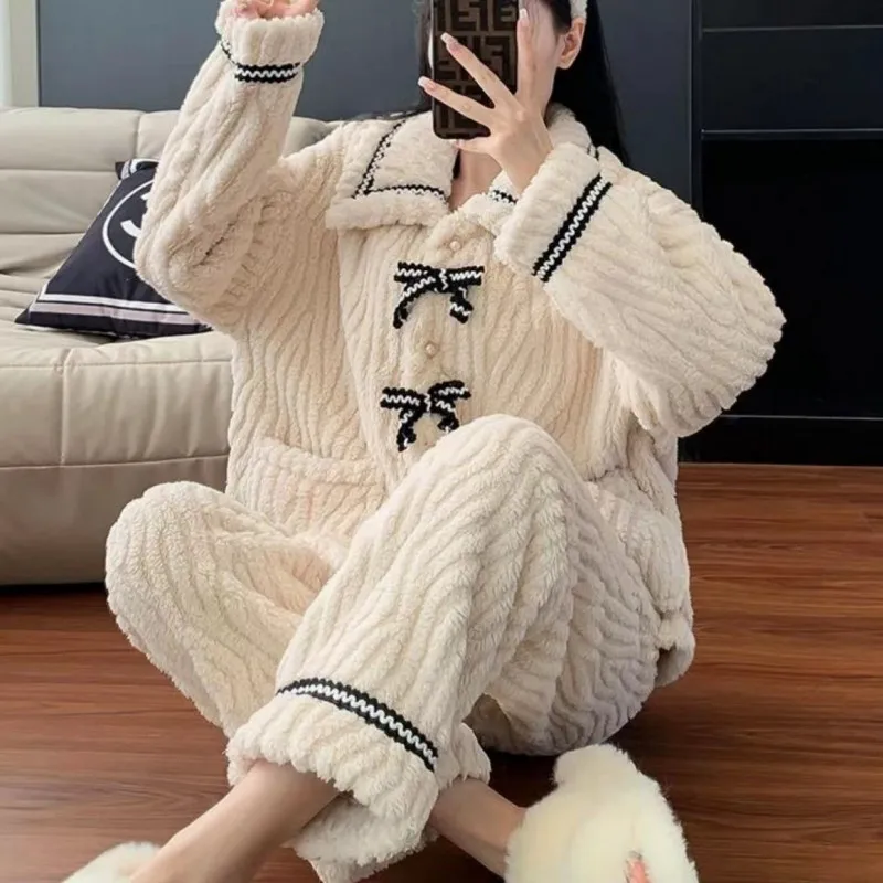 

Женская теплая зимняя одежда для сна, коралловый бархатный домашний костюм, комплект с толстым бантом, уютный пижамный комплект