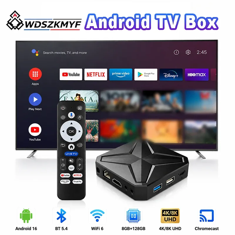 Android 14 SmartTV Box 8K UHD Output 8GB+128GB WiFi6 Google Voice Assistant Media Player For Home TV Entertainment For Netflix