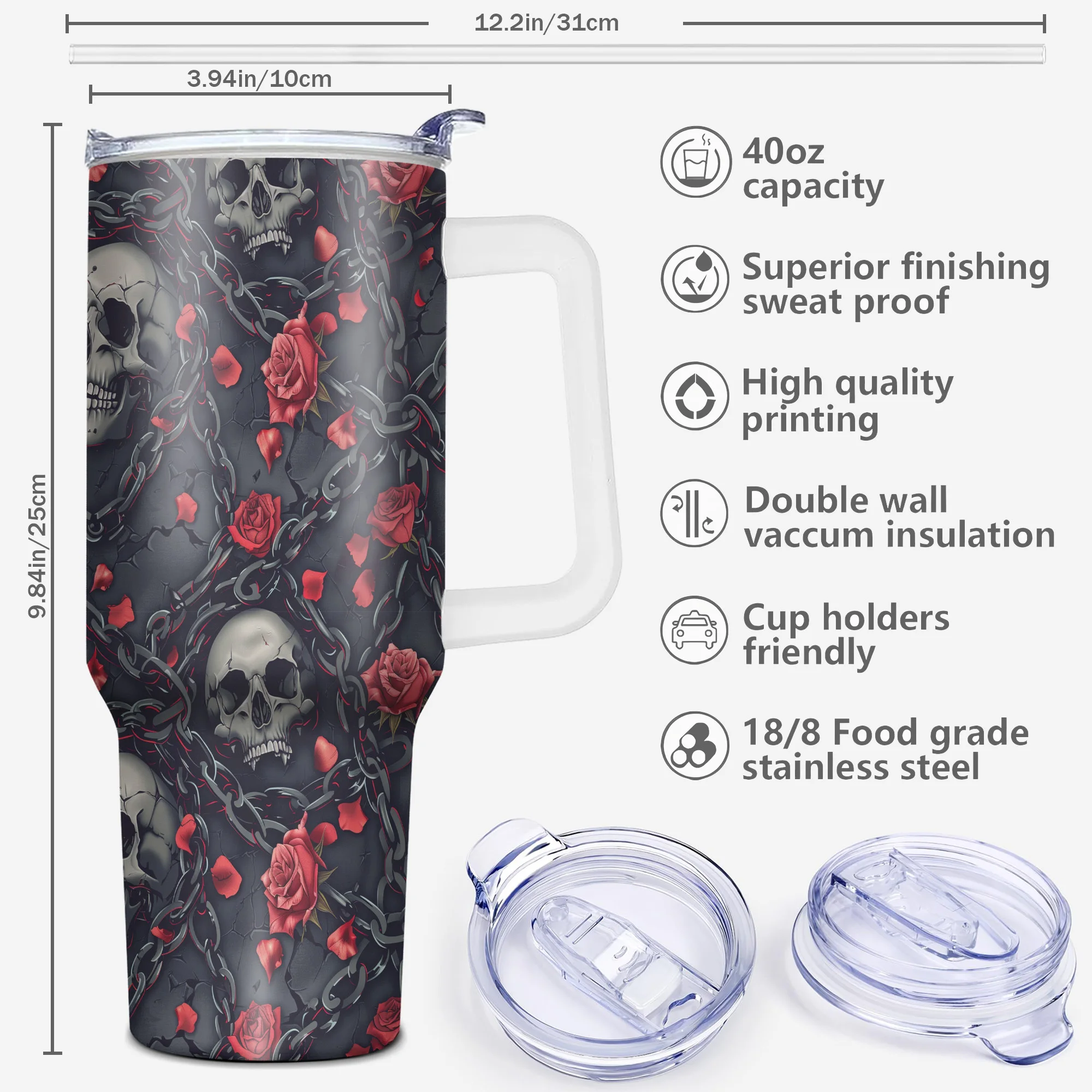 1pc, 40 oz Halloween Gifts Tumbler With Lid, Halloween Gifts, Rose Skull Funny Print 40oz Stainless Steel Water Bottle, Christma