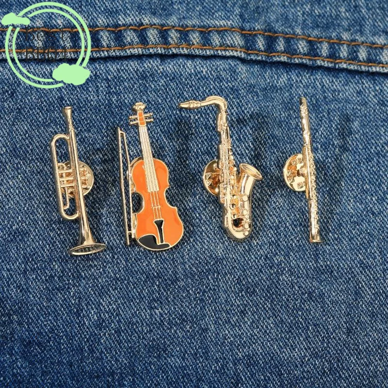 (BBQ4)1Pc Symphony Orchestra Badge Funny Musical Instruments Enamel Brooches Trumpet Clarinet Saxophone Violin Shaped Golden Pin