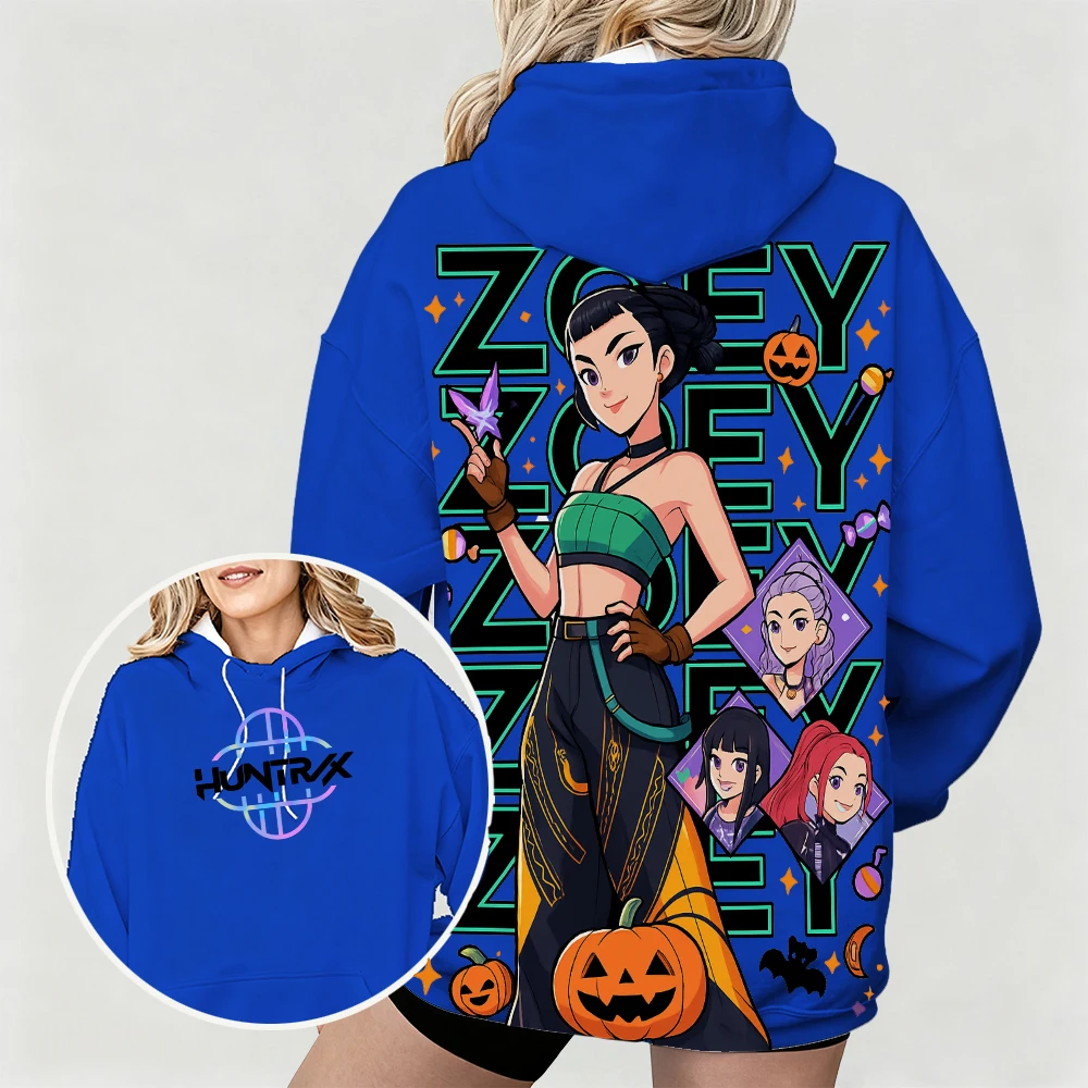 Sudadera con capucha para mujer con estampado de dibujos animados de KPop Demon Hunters Zoey, perfecta para estilo callejero, con diseño moderno temático de Halloween