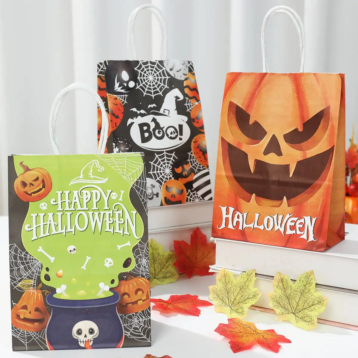 Halloween Pumpkin Paper Bags Happy Halloween Ghost Boo Gift Bag Trick Or Treat Packaging Favor Bag Spider Skull Candy Cookie Bag