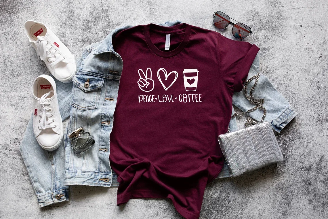 Sugarbaby Peace Love Coffee T-Shirt Coffee Lover Shirt Brunch Women's Coffee Shirt Funny Coffee Cotton tshirts Drop Shipping