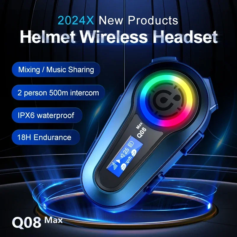 Q08 Max Motorcycle Helmet Bluetooth Headset Intercom Distance 500M Music Sharing Multi-scene Mixing Voice Assistant Waterproof