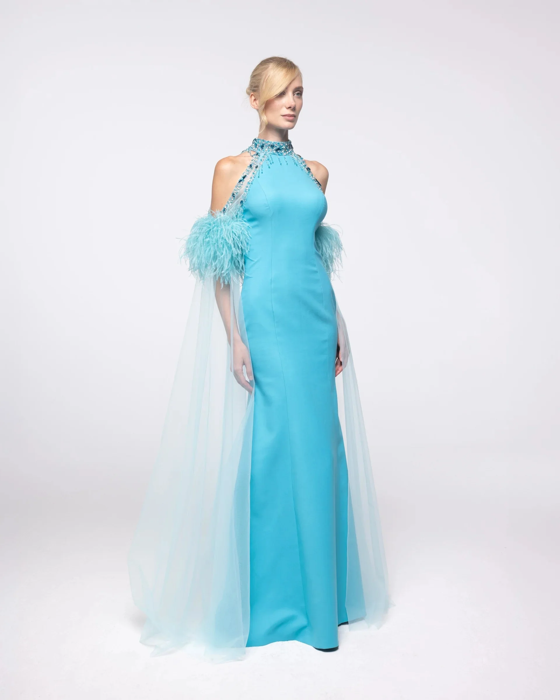 Customized Exquisite Women Jersey Rhinestone Feather Straight Evening Dresses Fashion High Collar Sleeveless Floor Lenght Dress