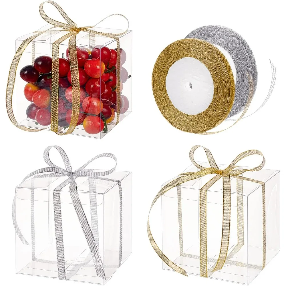 10Pcs 4.5x4.5x4.5 Clear Plastic Favor Box with 2 Rolls 10mm Wide Gold and Silver Glitter Ribbons for Wedding Party Birthday