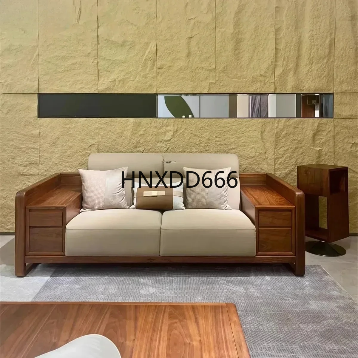 

New Chinese black walnut sofa log leather four-person sofa living room lobby furniture