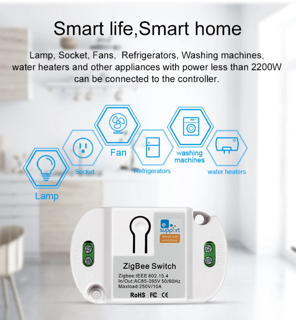 10A Zigbee Smart Switch Module 200W AC85-265V SmartThings APP Voice Remote Control Supported Compatible With Alexa