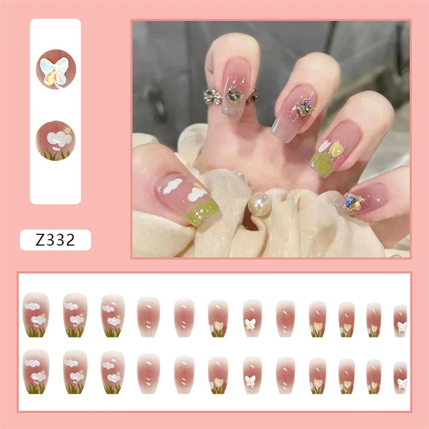 

24Pcs/Set Drill Model Flat Head Removable Press on Nail Full Coverage Aurora Butterfly Wearing False Nails Fresh Fake Nails Tips