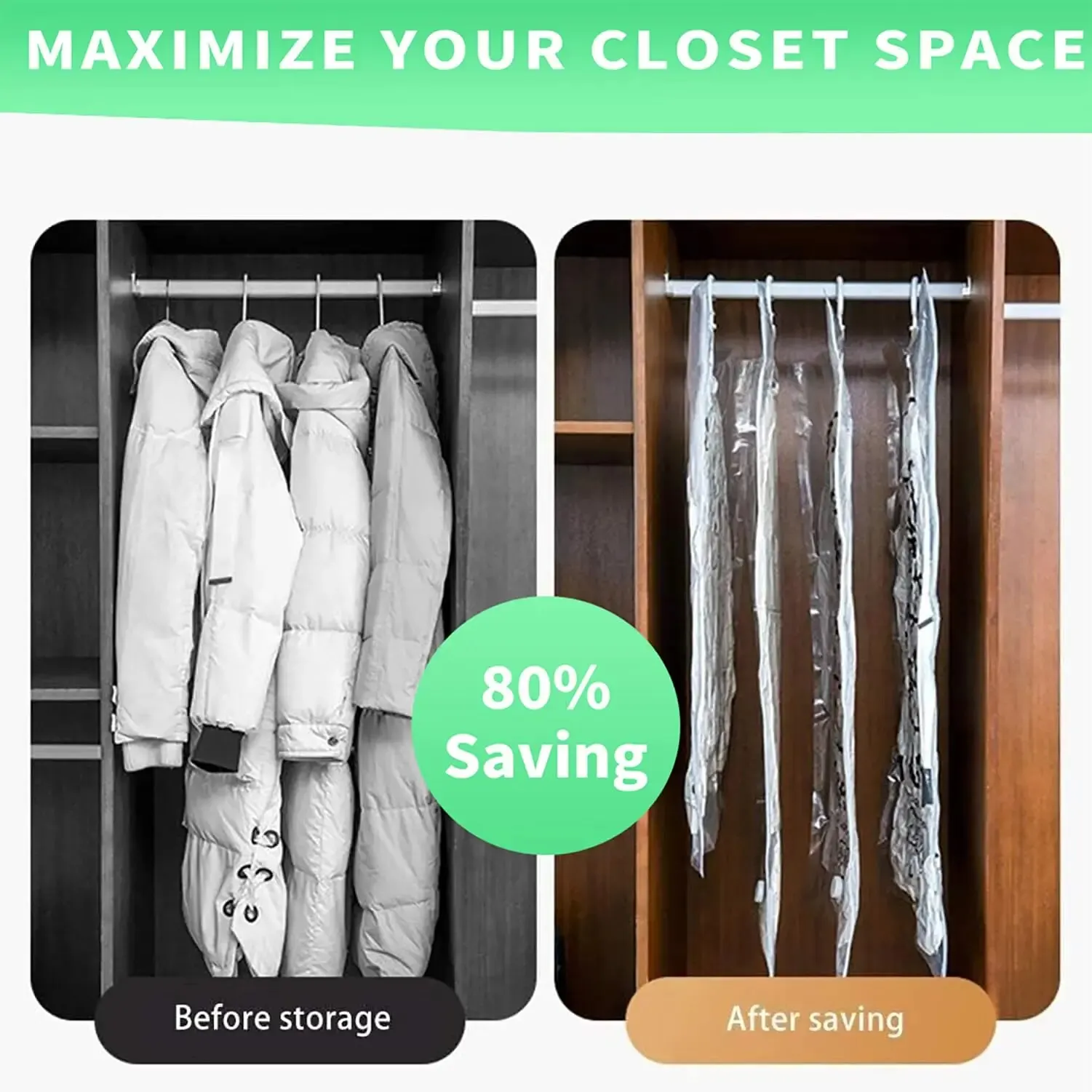 Hanging Vacuum Storage Space Saver Bags for Clothes for Suits, Dress, Jacket