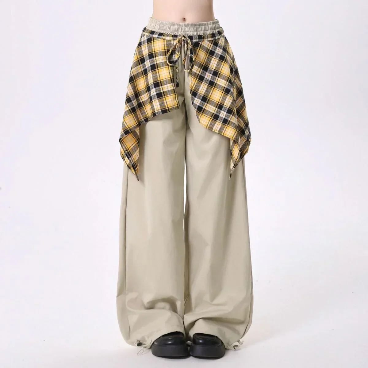 Casual Women's Fall Cargo Pants with Color Block Plaid Skirt Hem Design Loose Fit Jazz Dance Long Trousers streetwear women