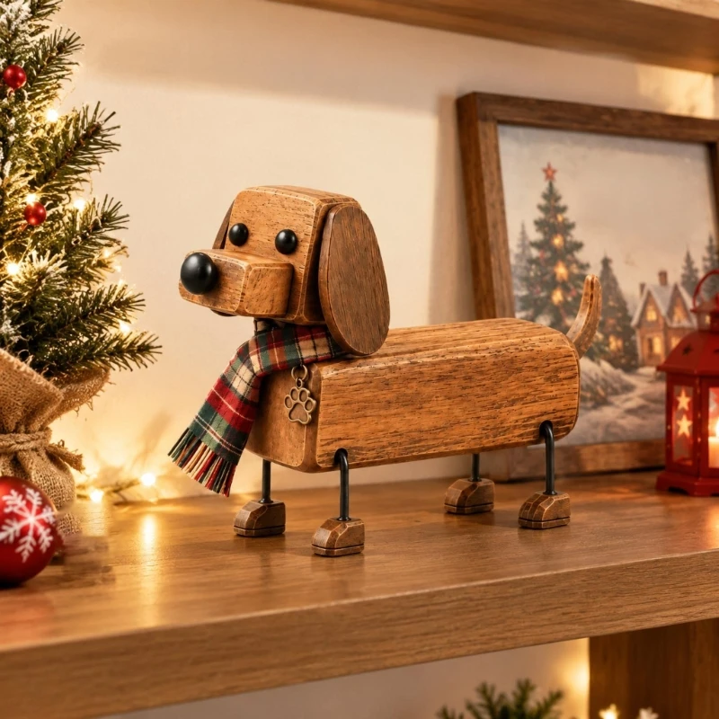 Christmas Wiener Dog Figurine in Natural with Plaids Scarf and Paws-Print Charm, Animal Decors for Tabletop and B03E