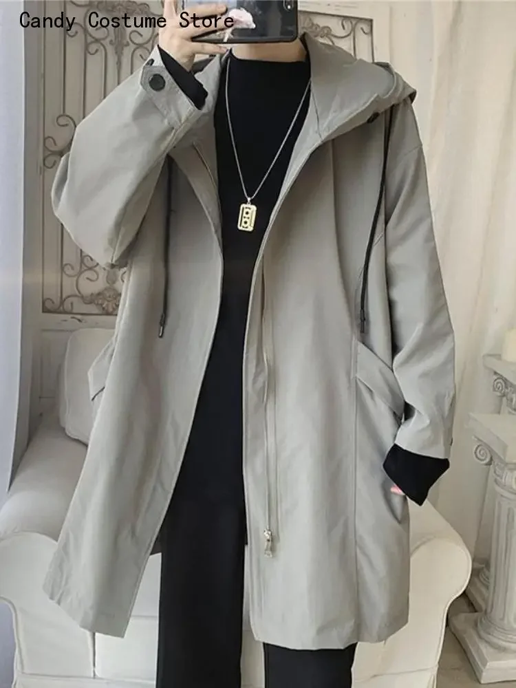 

Hooded Jacket Handsome Preppy Cape Cloak Punk Streetwear Windbreaker Men's Mid-length Spring Autumn Trench Coat Korean Trend