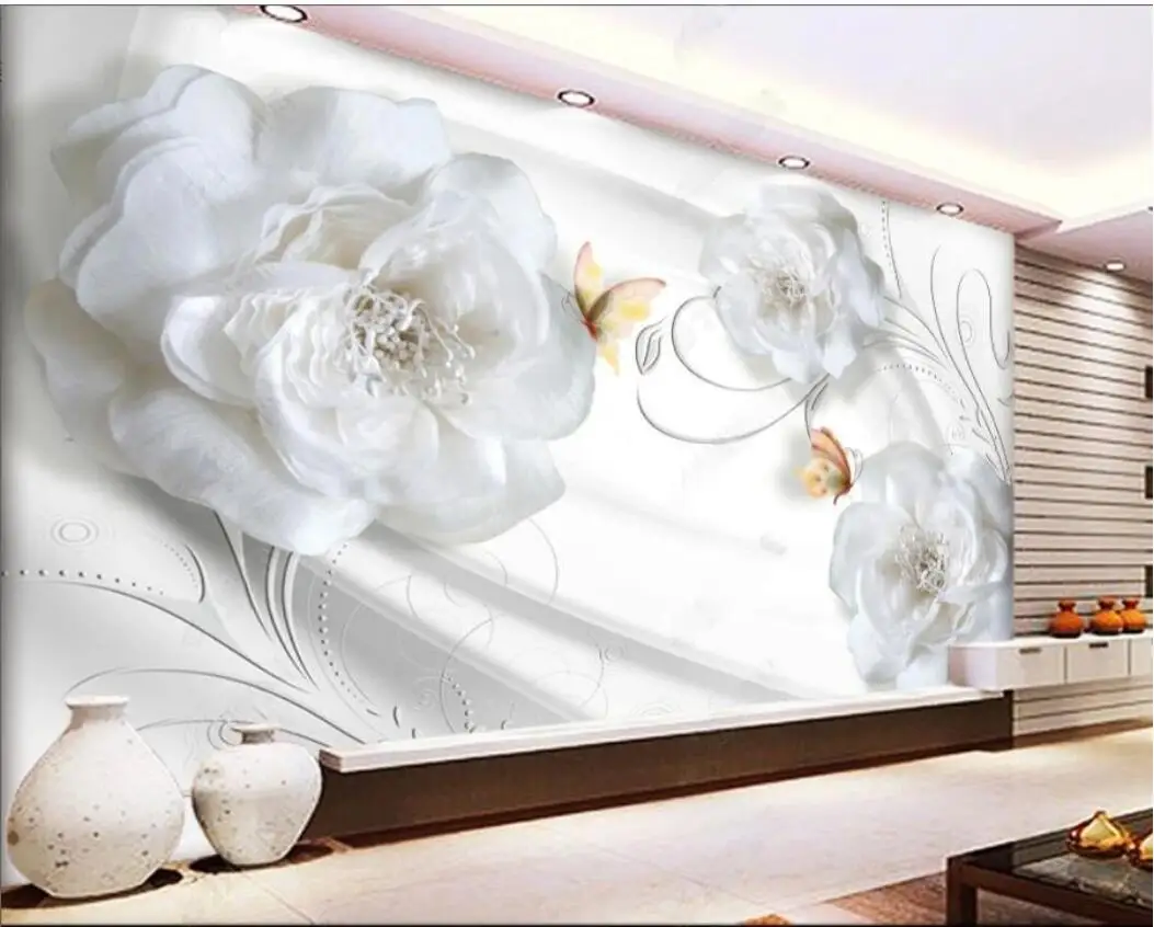 

Настенная роспись на заказ, белая, с цветочным узором, из шелка, для декора дома, гостиной, спальни, фоновой стены за телевизором, 3D-обои