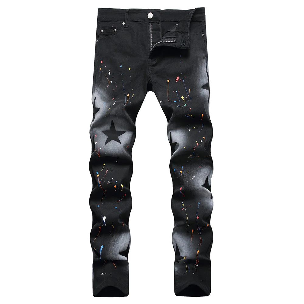 Men Star Painted Jeans Black Stretch Denim Slim Straight Pants Streetwear Print Trousers