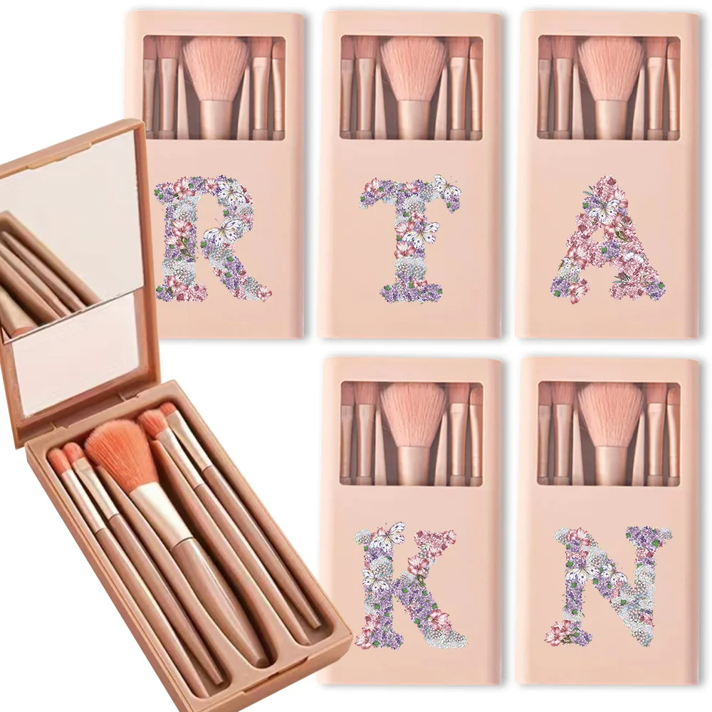 Travel Makeup Brush Set With Mirror Box 5Pcs Cosmetic Brushes Kit Case Portable Beauty Tool Organizer Rose Flower Letter Pattern