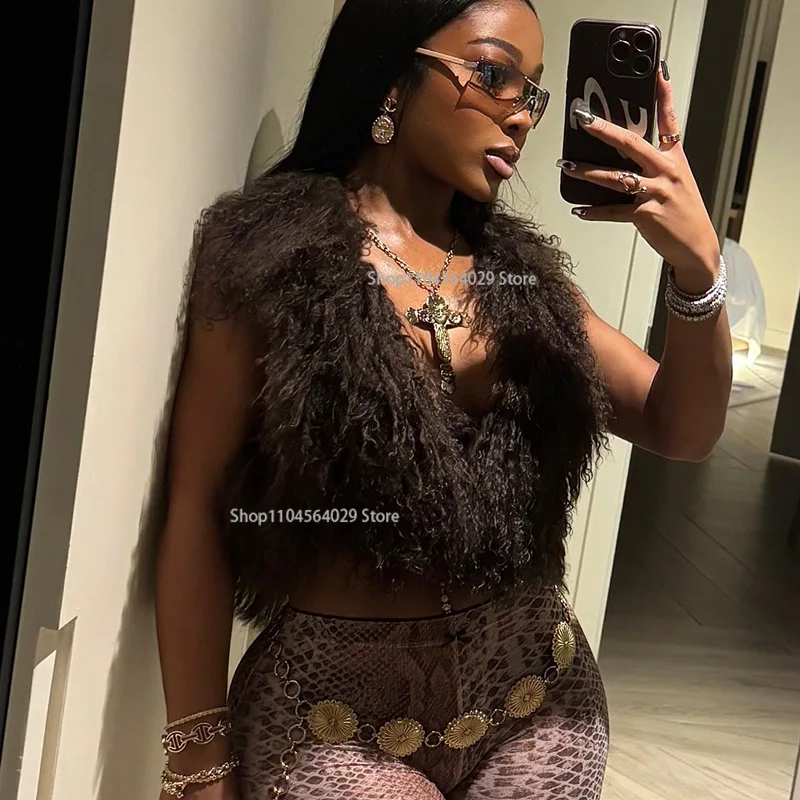 

Fluffy Faux Fur Vests for Women Fashion Sexy V-neck Backless Lace-up Sleeveless Jackets Crop Top Warm Winter Tank Outerwear Coat