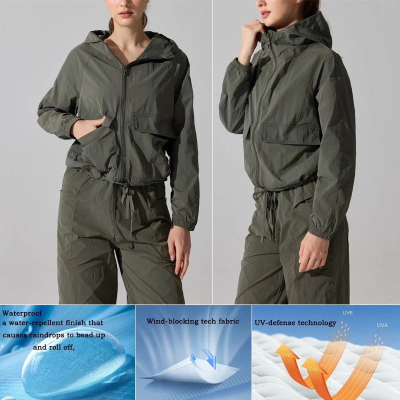 VITALINOVO Leichte Regenjacke für Damen, wasserdicht, durchgehender Reißverschluss, langärmelig, Sportjacke mit Kapuze, Windjacke zum Wandern – Detail 5